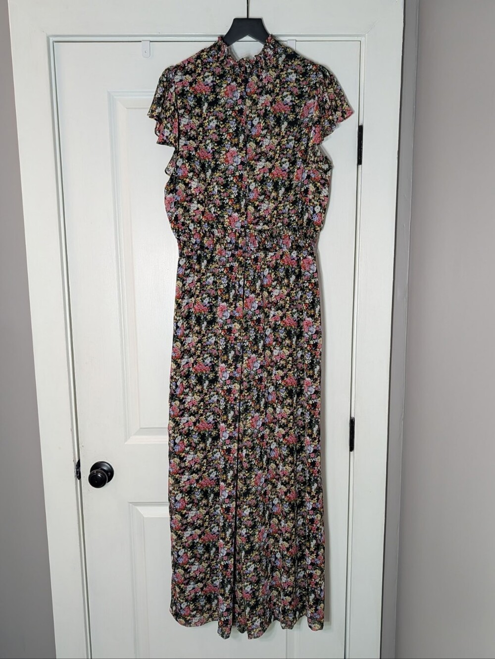 MSK Black Floral Jumpsuit with Pink & Green Print Flutter Sleeve Wide Leg